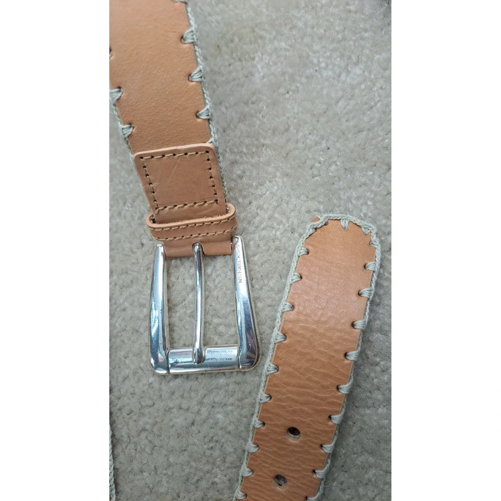 MICHAEL KORS Leather Belt Tan Beige Cream Whipstitch BOHO Silver Buckle Women M